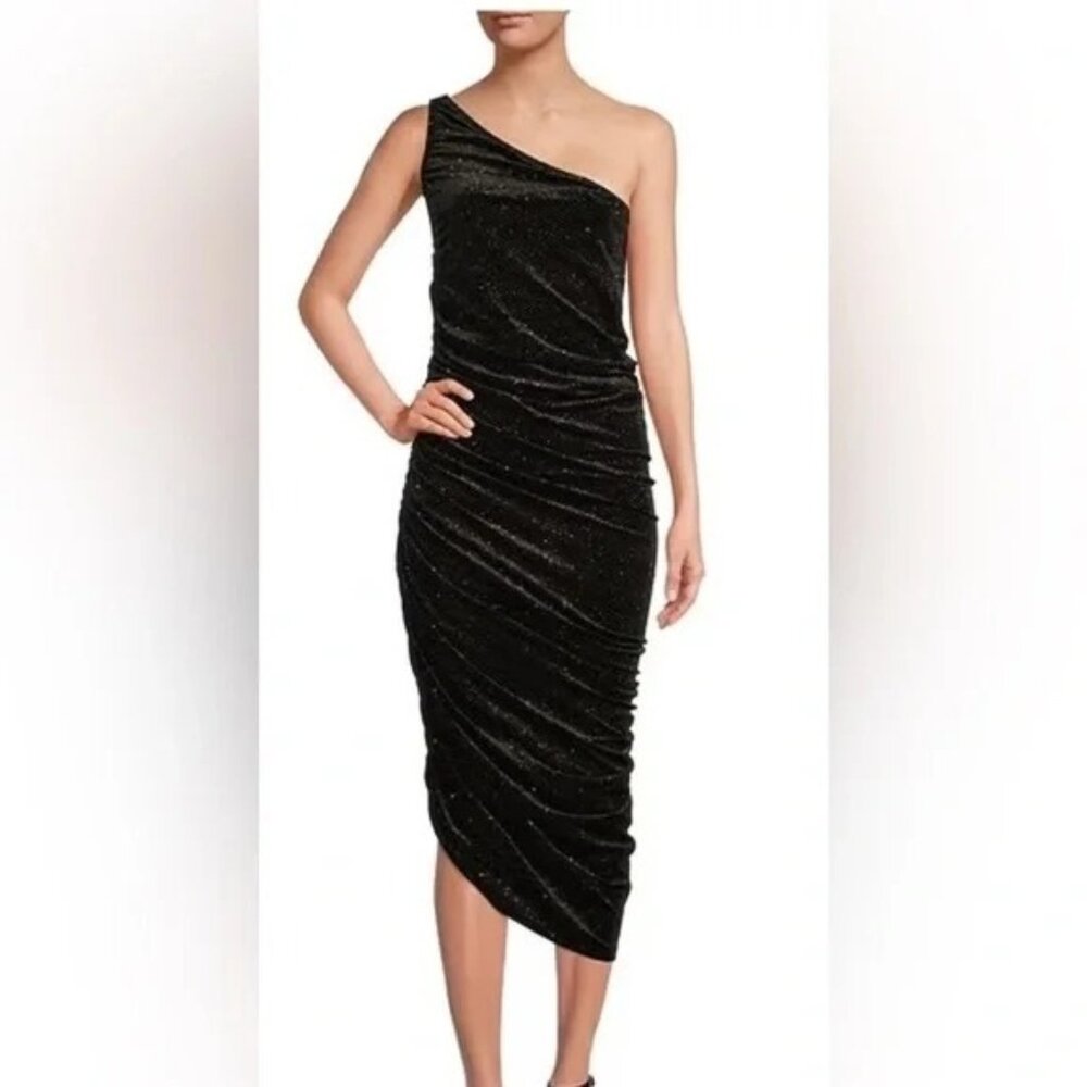 Gibson Latimer Sz Small One Shoulder Velvet Sheath Fitted Dress Black & Gold NWT